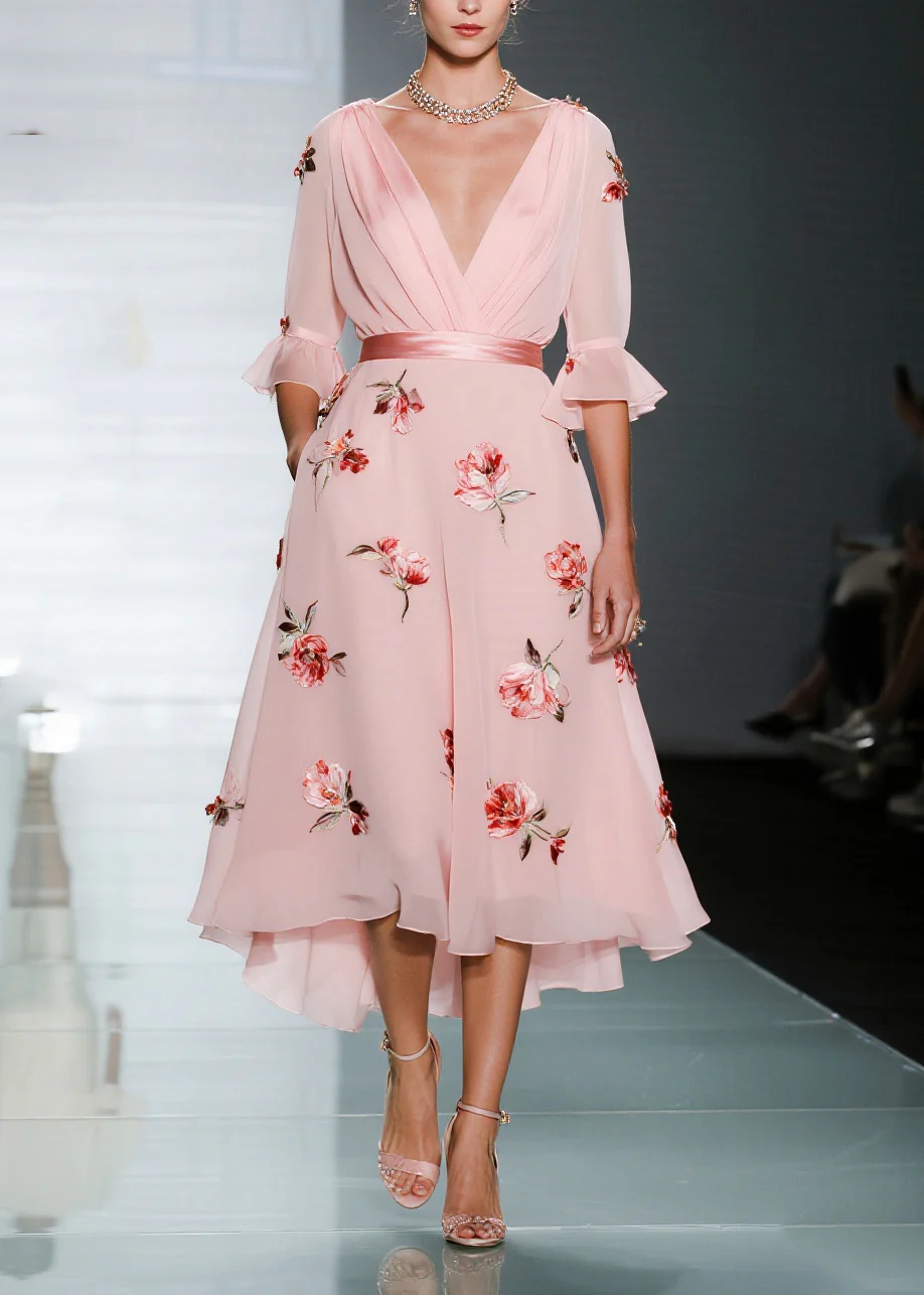 Handmade Pink V Neck Floral Chiffon Party Dresses Flare Sleeve - Image 5