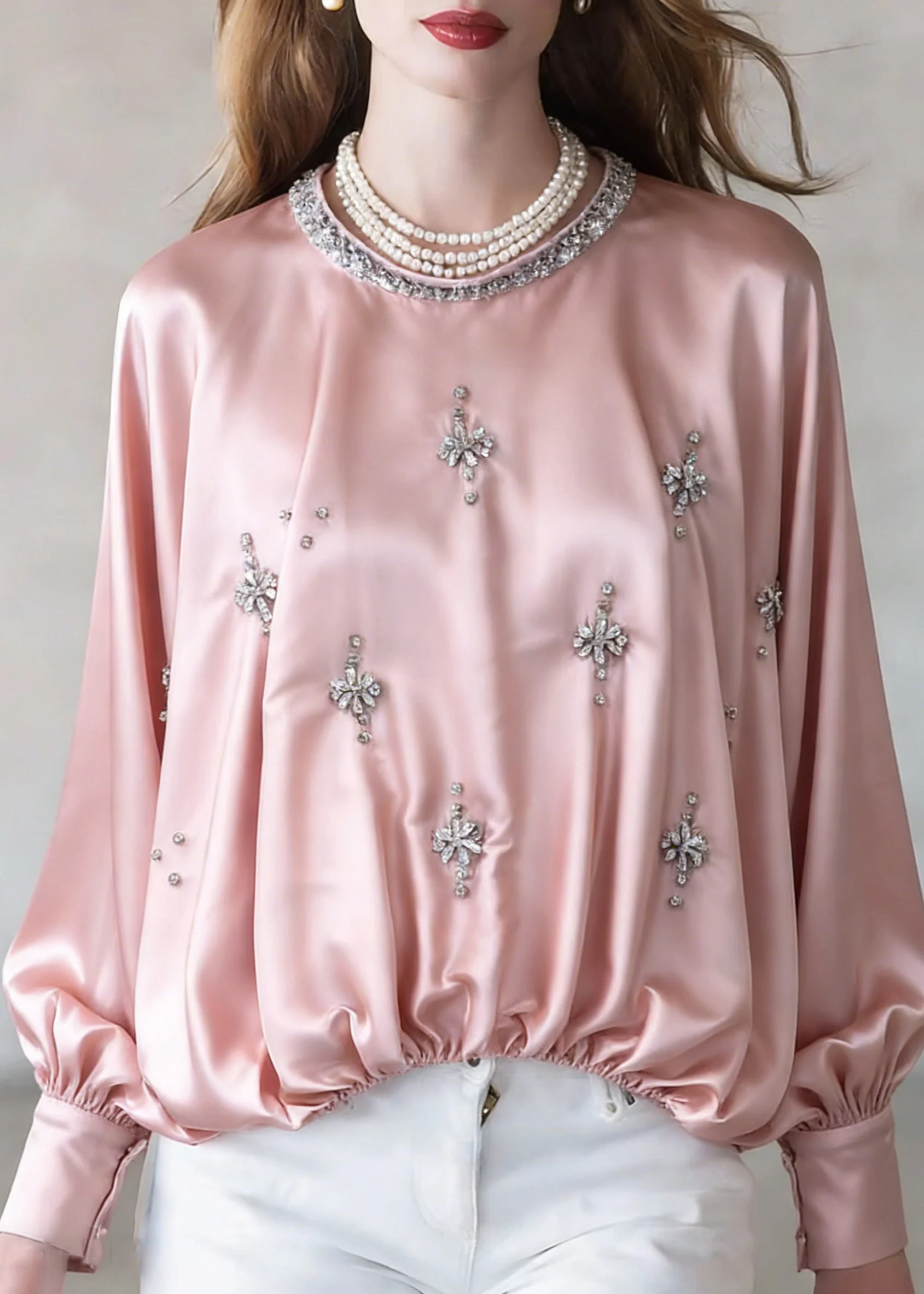 Handmade Pink Zircon Wrinkled Silk Shirt Batwing Sleeve - Image 3