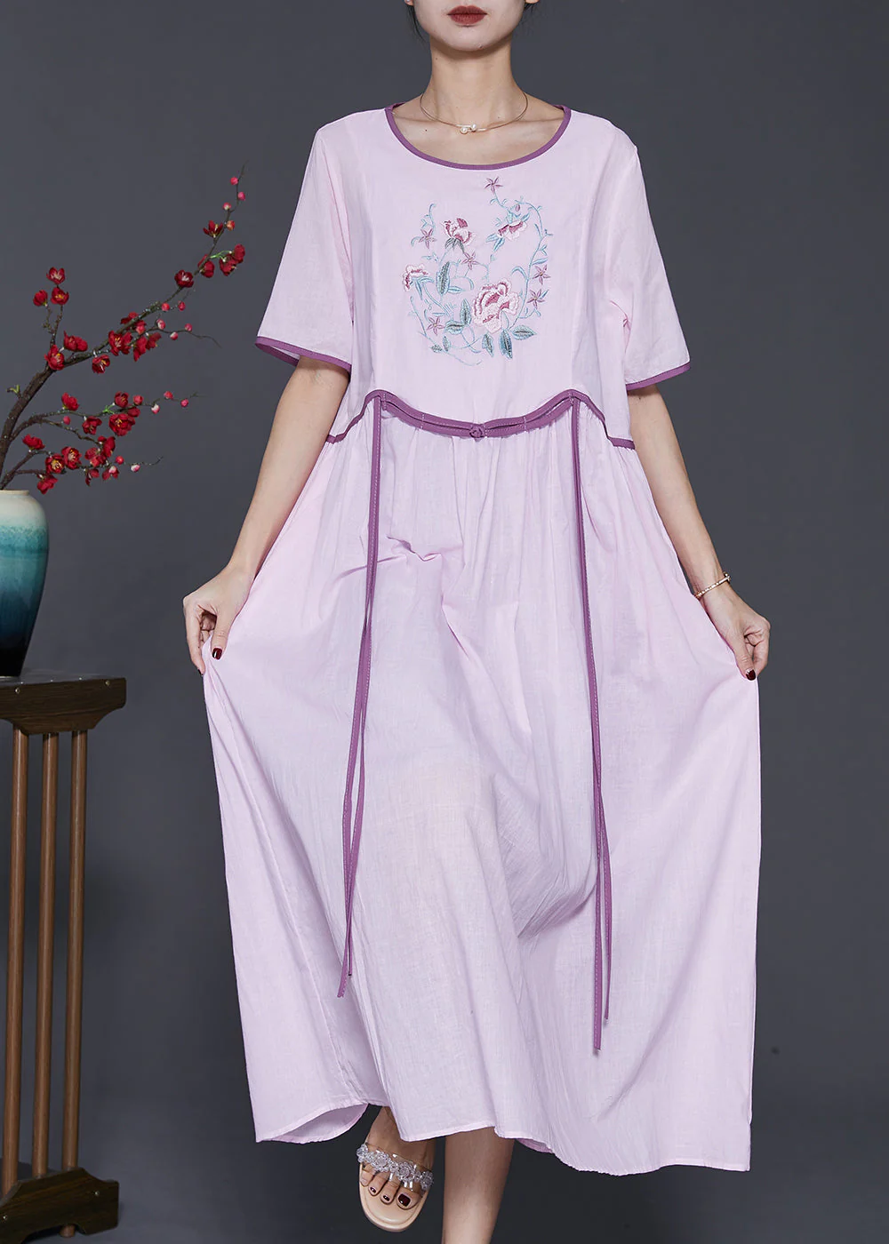 Handmade Purple Embroidered Patchwork Linen Long Dresses Summer - Image 2