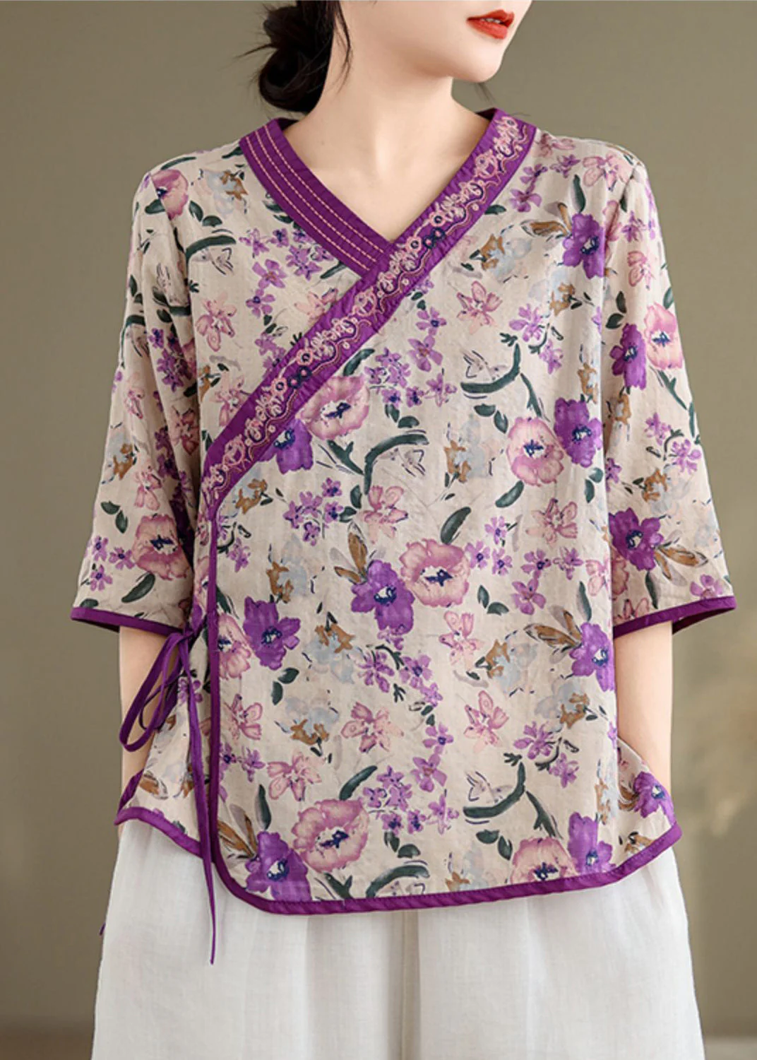 Handmade Purple Embroidered Print Linen Shirt Top Half Sleeve - Image 2