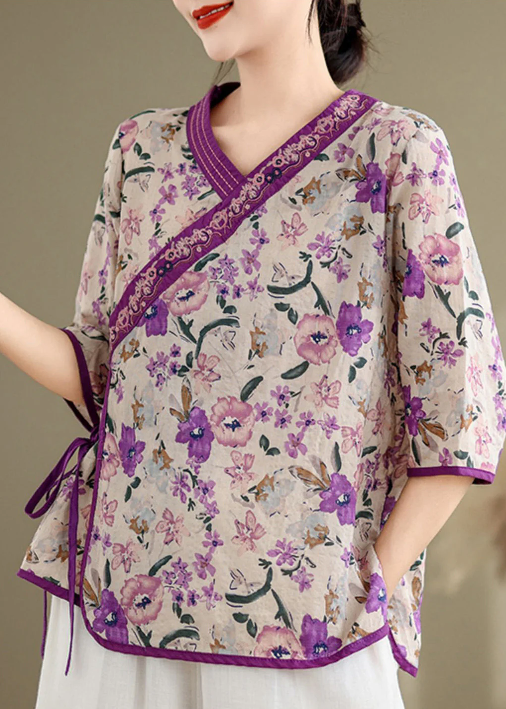 Handmade Purple Embroidered Print Linen Shirt Top Half Sleeve - Image 3