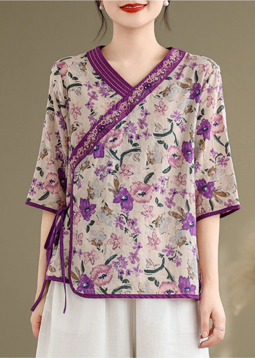 Handmade Purple Embroidered Print Linen Shirt Top Half Sleeve - Image 4