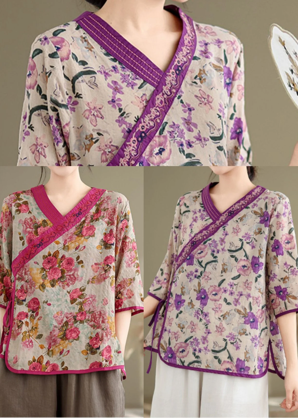 Handmade Purple Embroidered Print Linen Shirt Top Half Sleeve - Image 5