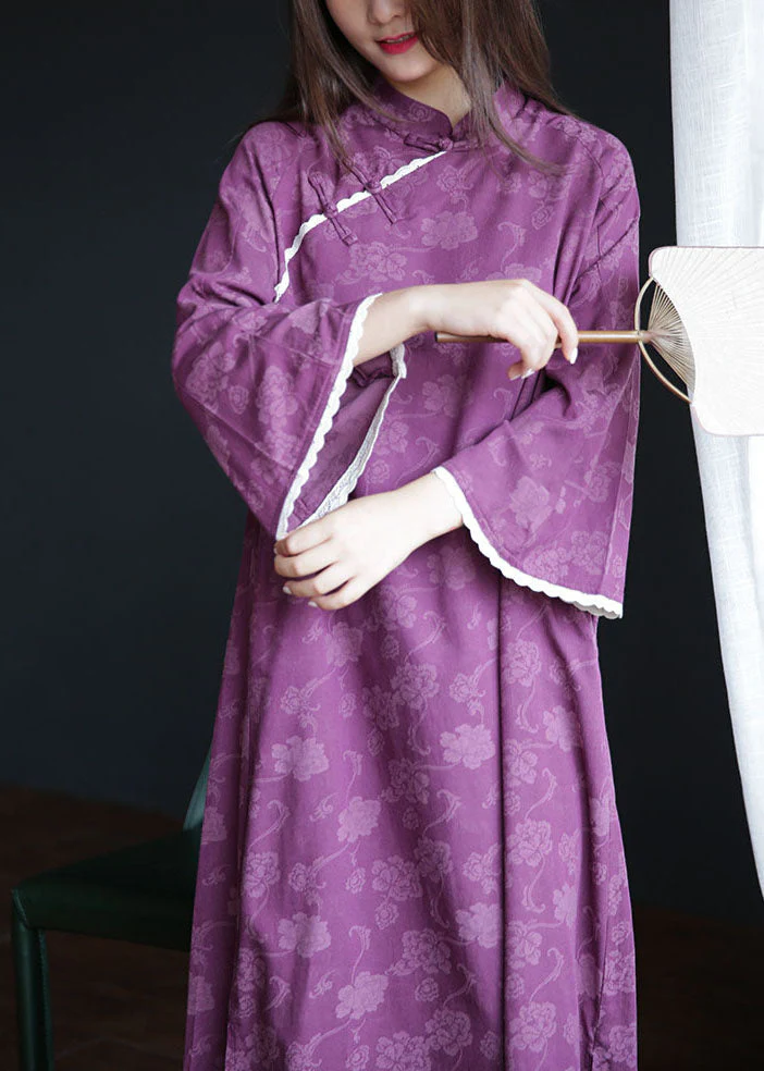 Handmade Purple Mandarin Collar Lace Patchwork Cotton Dresses Spring - Image 2