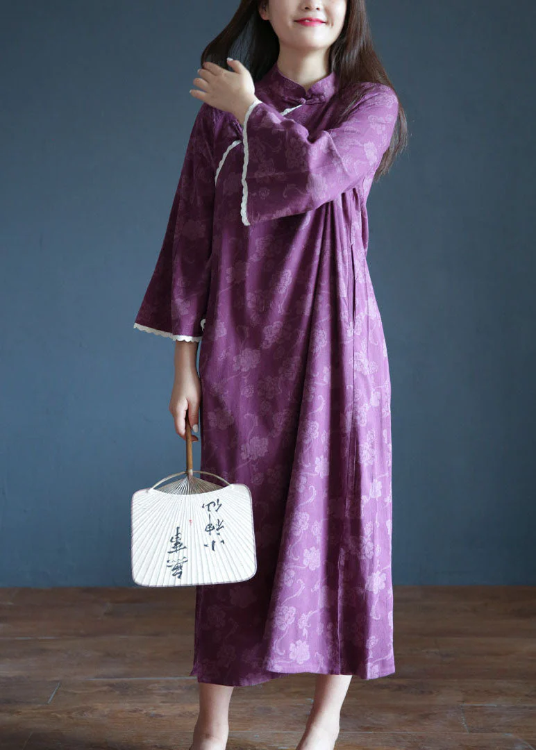 Handmade Purple Mandarin Collar Lace Patchwork Cotton Dresses Spring - Image 3