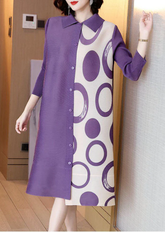 Handmade Purple Peter Pan Collar Print Silk Holiday Dress Long Sleeve - Image 3