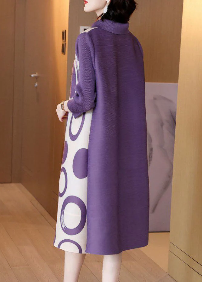 Handmade Purple Peter Pan Collar Print Silk Holiday Dress Long Sleeve - Image 4