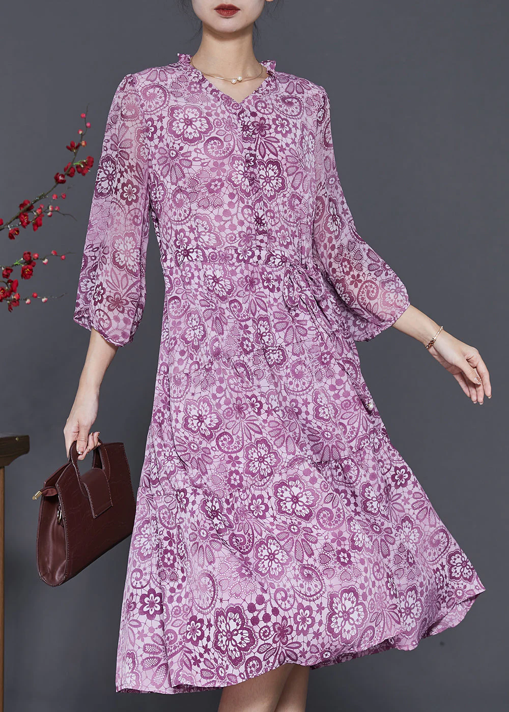 Handmade Purple Ruffled Print Chiffon Cinched Dresses Spring - Image 2