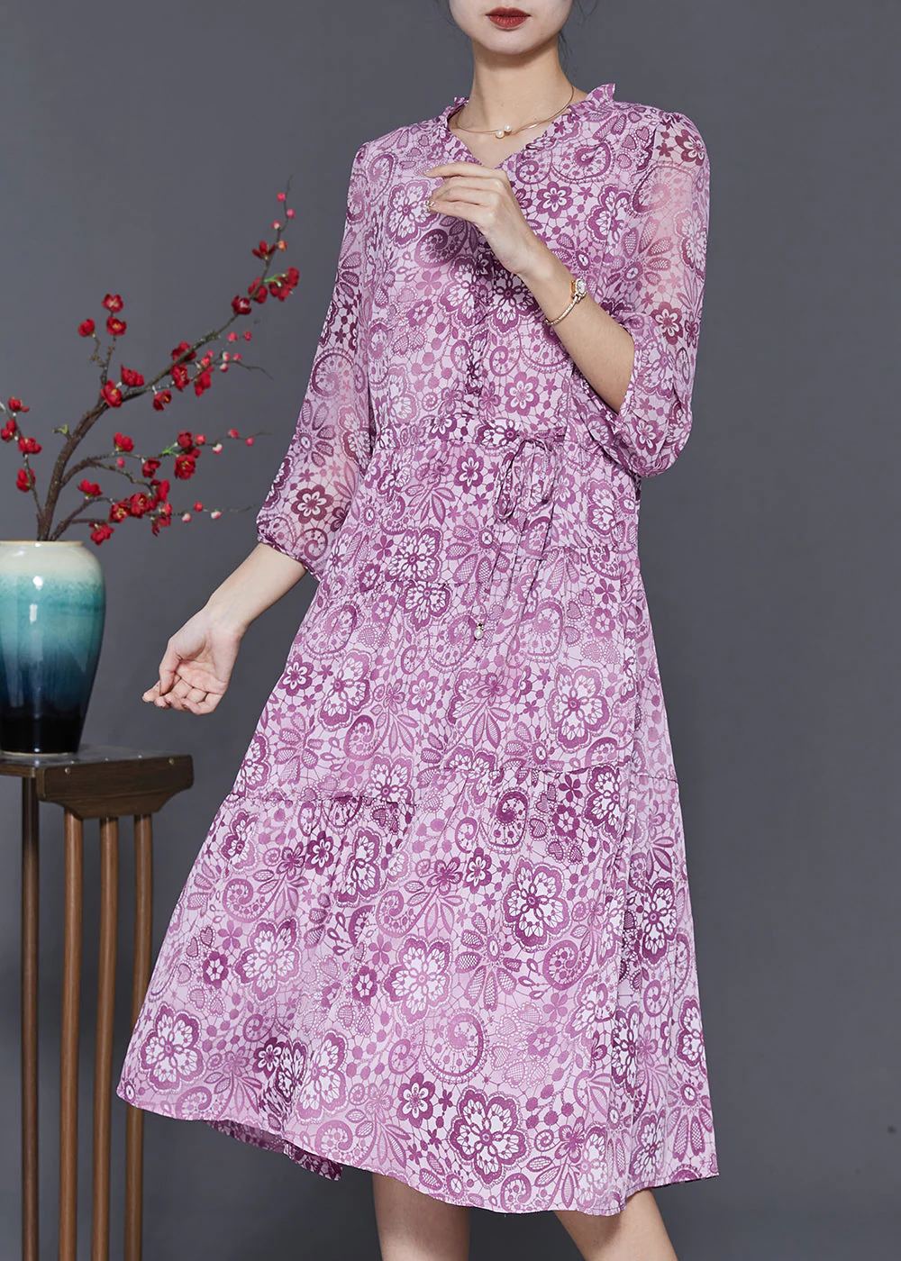 Handmade Purple Ruffled Print Chiffon Cinched Dresses Spring - Image 3