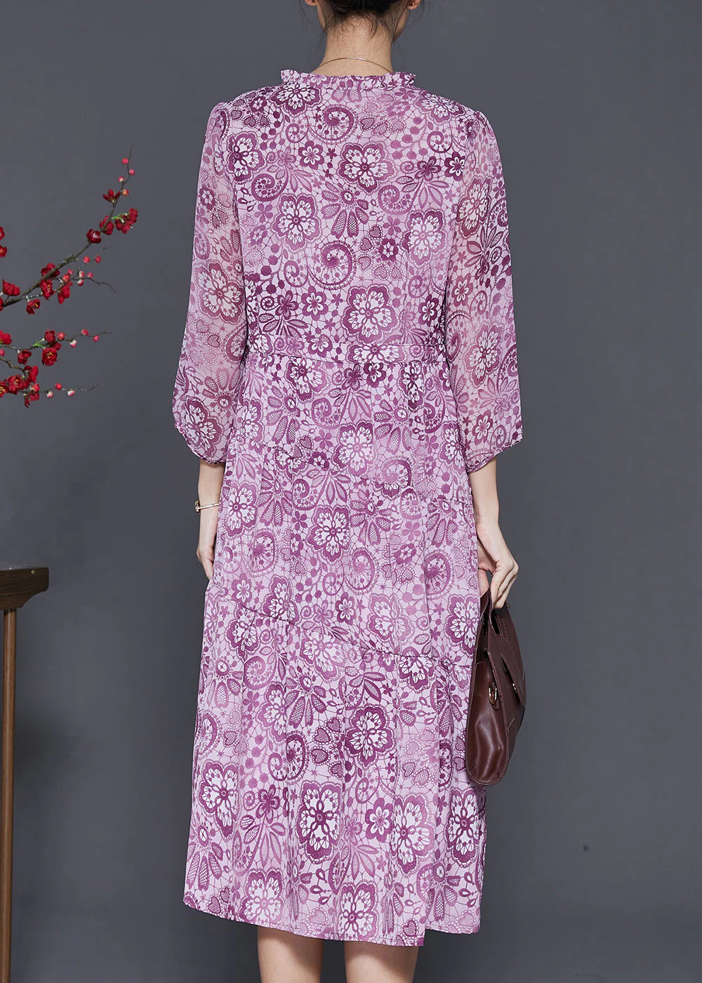 Handmade Purple Ruffled Print Chiffon Cinched Dresses Spring - Image 4