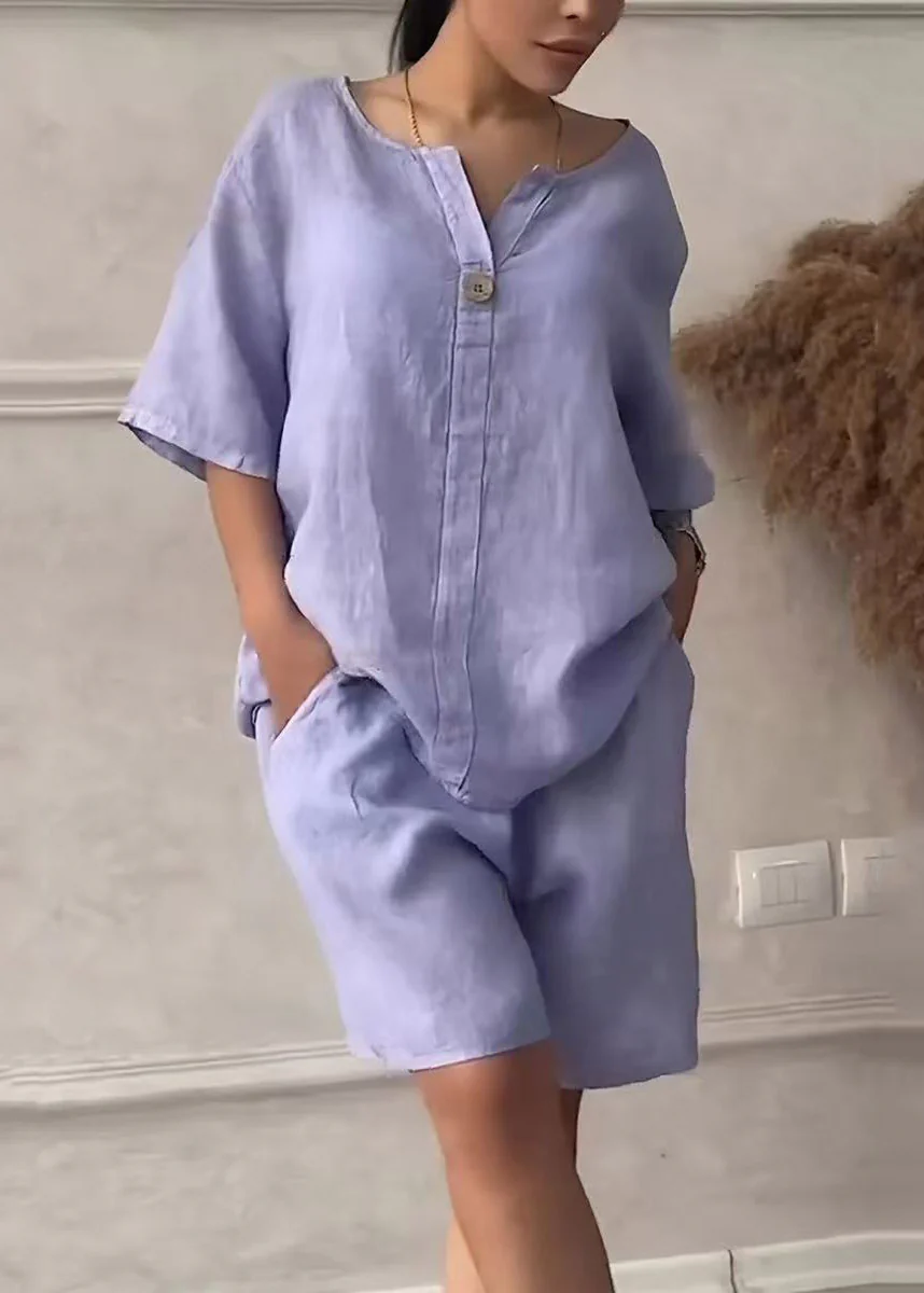 Handmade Purple V Neck Patchwork T Shirts And Shorts Two Pieces Set Short Sleeve - Image 5