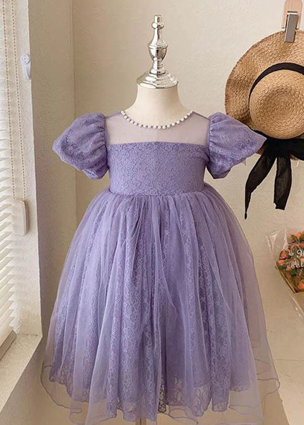 Handmade Purple Wrinkled Nail Bead Bow Patchwork Tulle Kids Girls Dresses Summer - Image 2