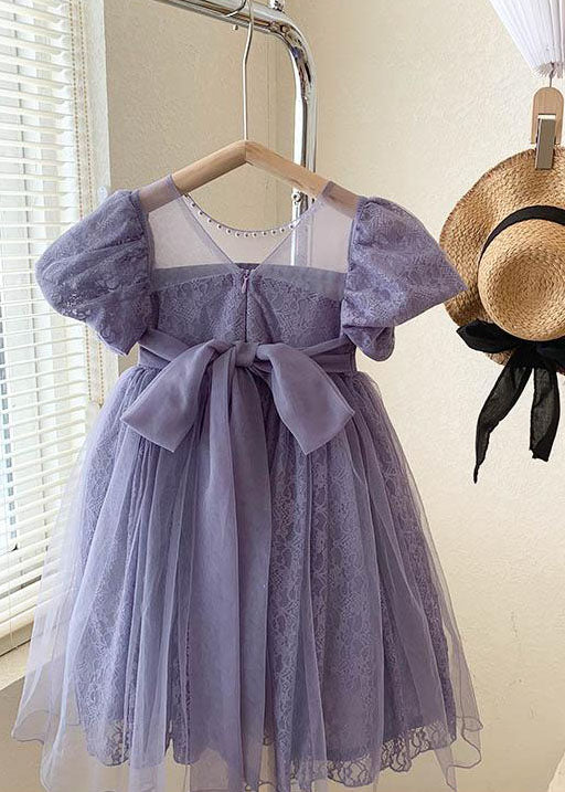 Handmade Purple Wrinkled Nail Bead Bow Patchwork Tulle Kids Girls Dresses Summer - Image 3