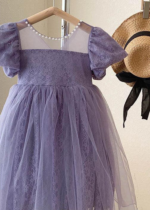 Handmade Purple Wrinkled Nail Bead Bow Patchwork Tulle Kids Girls Dresses Summer - Image 4