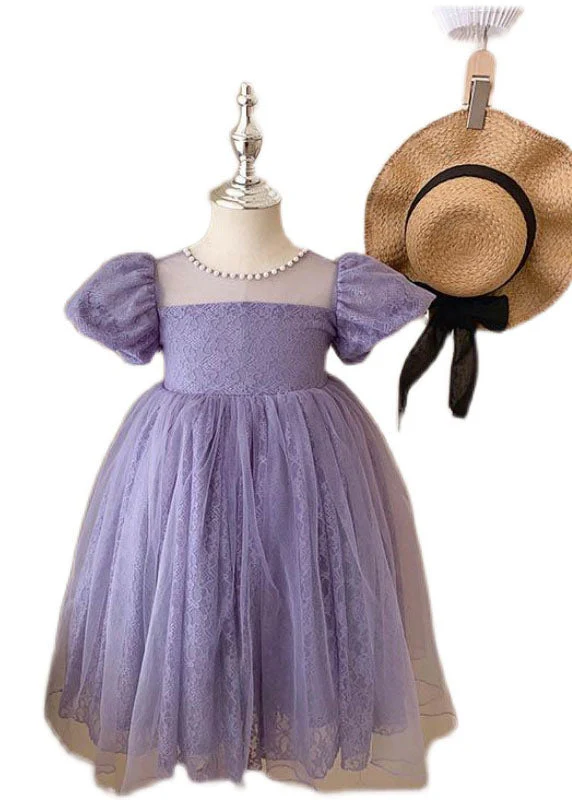 Handmade Purple Wrinkled Nail Bead Bow Patchwork Tulle Kids Girls Dresses Summer - Image 5