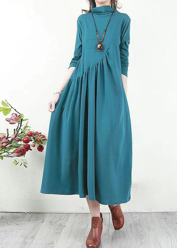 Handmade Purple Wrinkled Patchwork Cotton Long Dresses Fall - Image 2