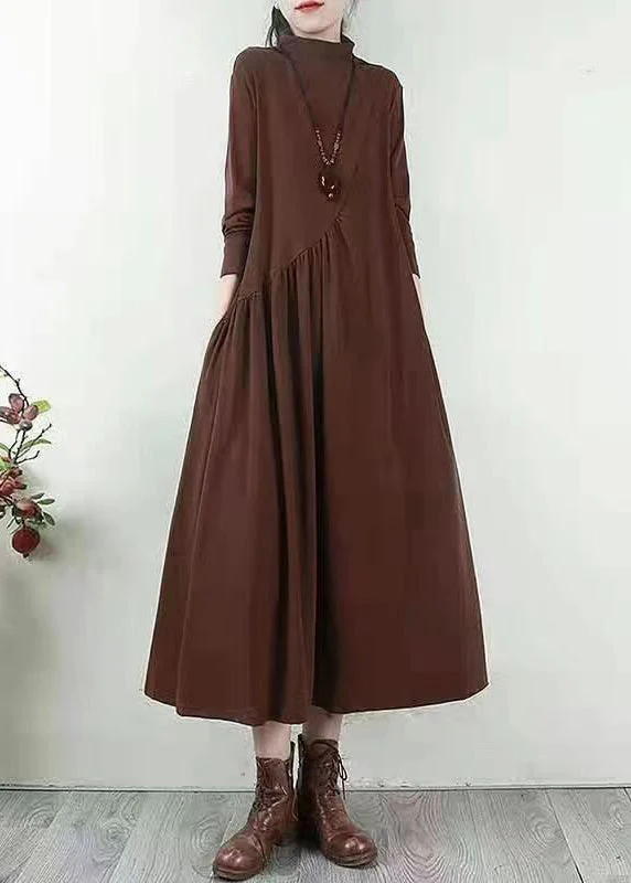 Handmade Purple Wrinkled Patchwork Cotton Long Dresses Fall - Image 3