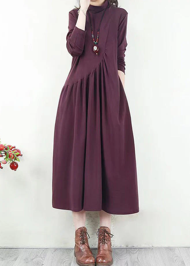 Handmade Purple Wrinkled Patchwork Cotton Long Dresses Fall - Image 4