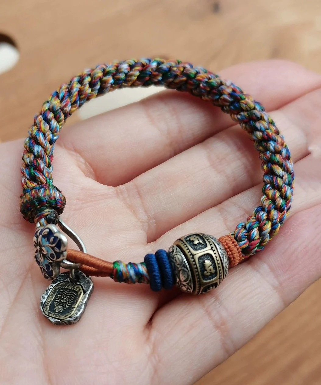 Handmade Rainbow Sterling Silver Weave Lucky Bead Charm Bracelet - Image 4