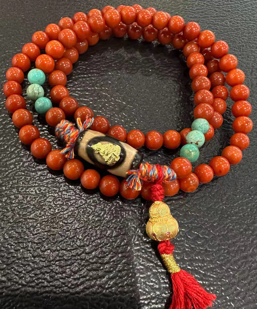 Handmade Red 925 Silver Agate Turquoise Calabash Buddha Statue Charm Bracelet - Image 2