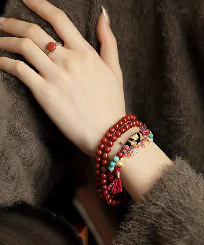 Handmade Red 925 Silver Agate Turquoise Calabash Buddha Statue Charm Bracelet - Image 3