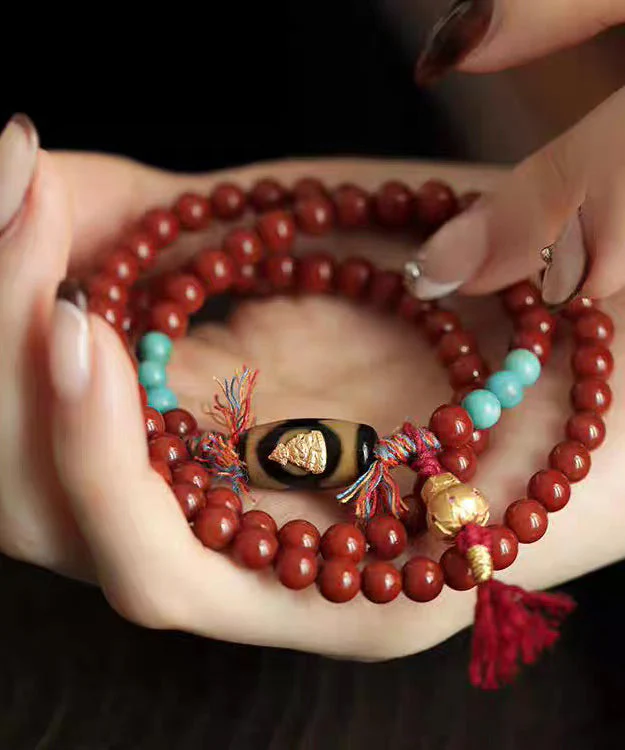 Handmade Red 925 Silver Agate Turquoise Calabash Buddha Statue Charm Bracelet - Image 4