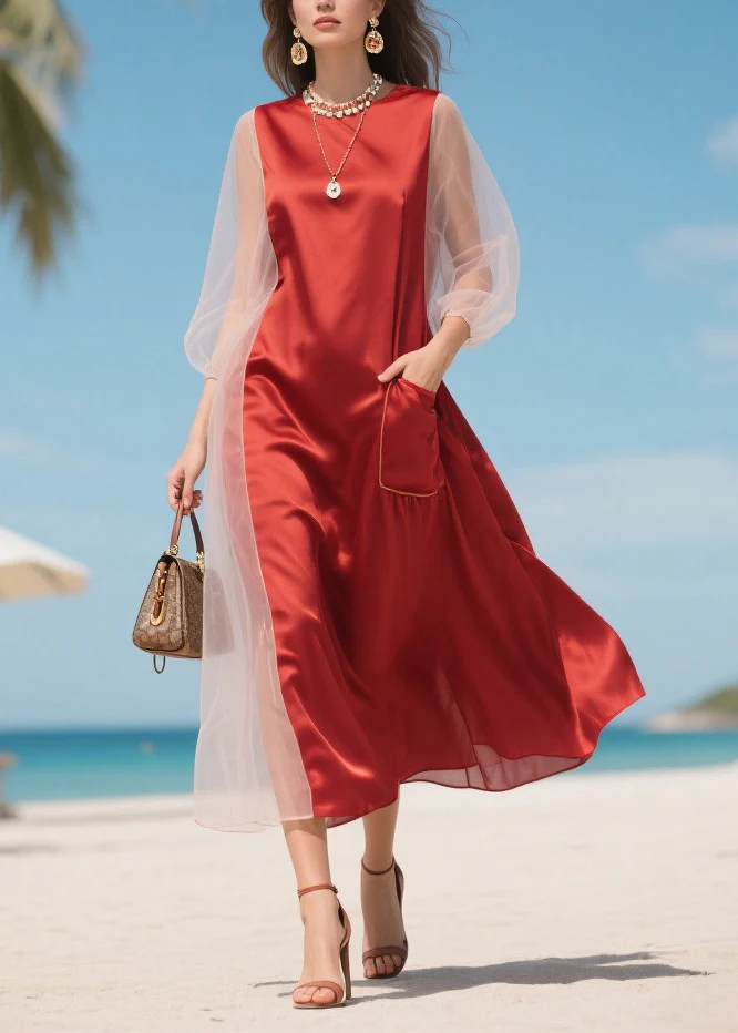 Handmade Red Asymmetrical Patchwork Tulle Robe Dresses Summer - Image 3