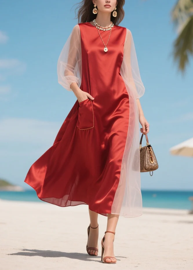 Handmade Red Asymmetrical Patchwork Tulle Robe Dresses Summer - Image 5