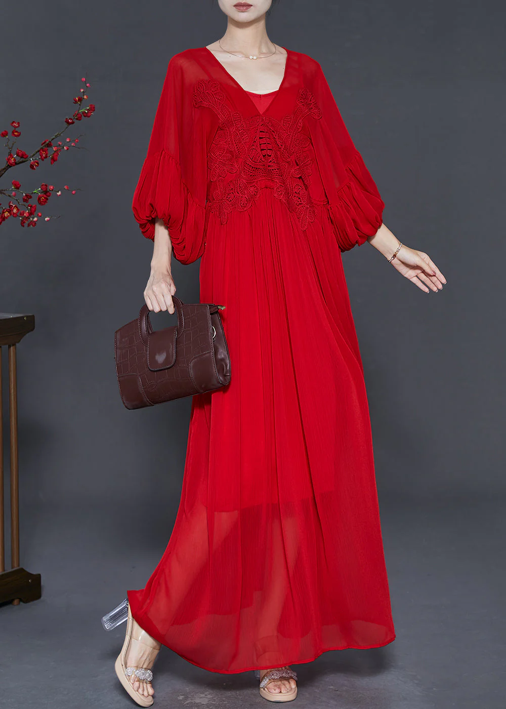Handmade Red Embroidered Patchwork Chiffon Party Dress Lantern Sleeve - Image 2