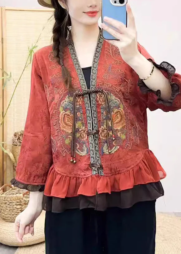 Handmade Red Embroidered Patchwork Silk Shirt Bracelet Sleeve - Image 2
