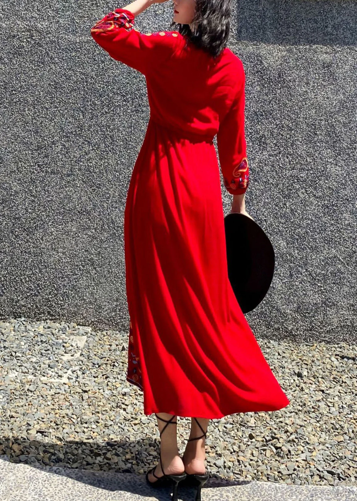 Handmade Red Embroidered Tie Waist Cotton Maxi Dresses Spring - Image 4