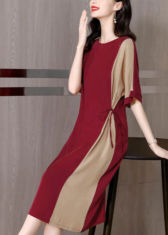 Handmade Red O-Neck Patchwork Chiffon Cinch Dresses Short Sleeve - Image 2