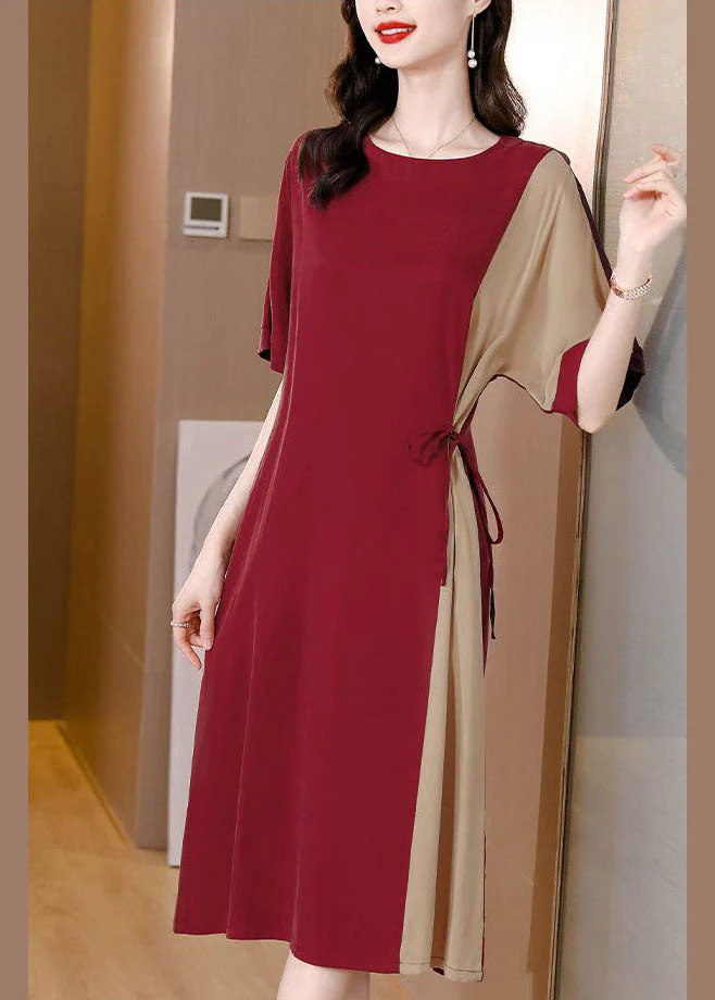 Handmade Red O-Neck Patchwork Chiffon Cinch Dresses Short Sleeve - Image 3