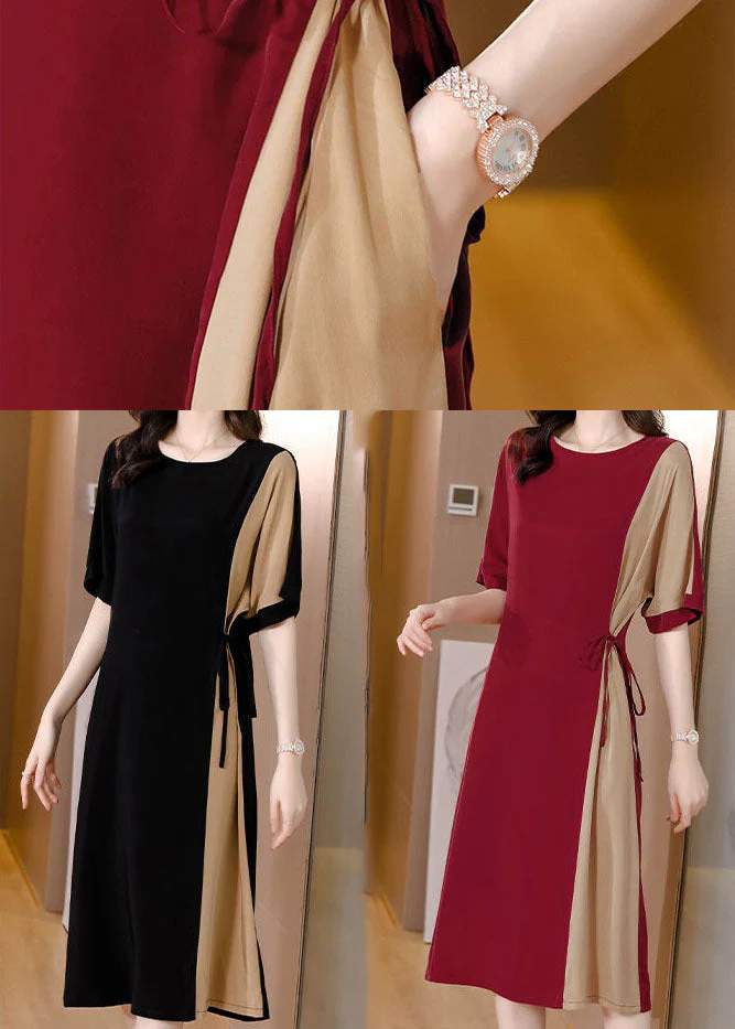 Handmade Red O-Neck Patchwork Chiffon Cinch Dresses Short Sleeve - Image 4