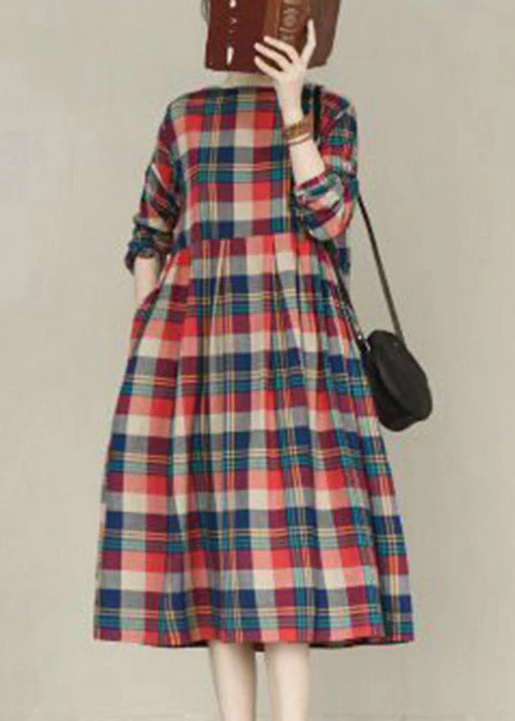 Handmade Red O-Neck Plaid Pockets Maxi Dresses Long Sleeve - Image 2