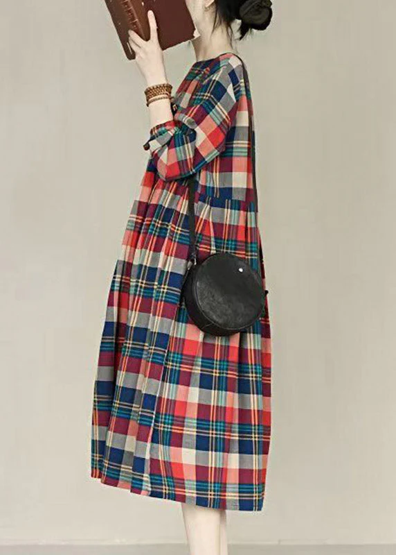 Handmade Red O-Neck Plaid Pockets Maxi Dresses Long Sleeve - Image 3