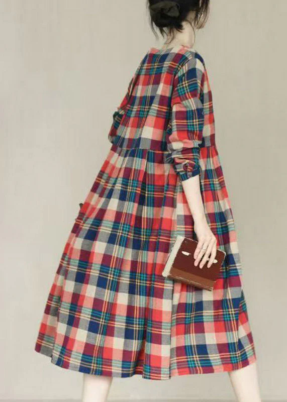 Handmade Red O-Neck Plaid Pockets Maxi Dresses Long Sleeve - Image 4