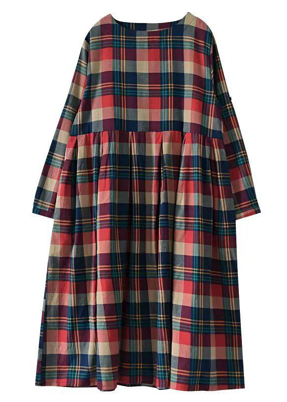 Handmade Red O-Neck Plaid Pockets Maxi Dresses Long Sleeve - Image 5