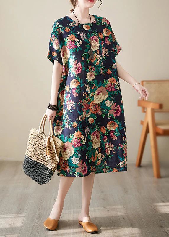 Handmade Red O-Neck Print Cotton Long Dress Short Sleeve - Image 2