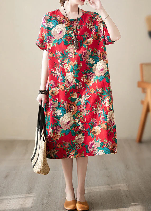 Handmade Red O-Neck Print Cotton Long Dress Short Sleeve - Image 3