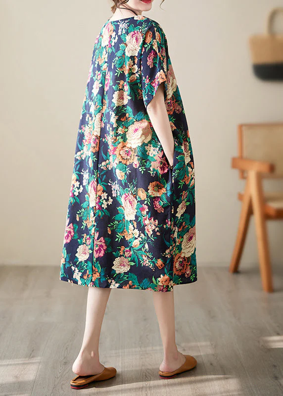 Handmade Red O-Neck Print Cotton Long Dress Short Sleeve - Image 4