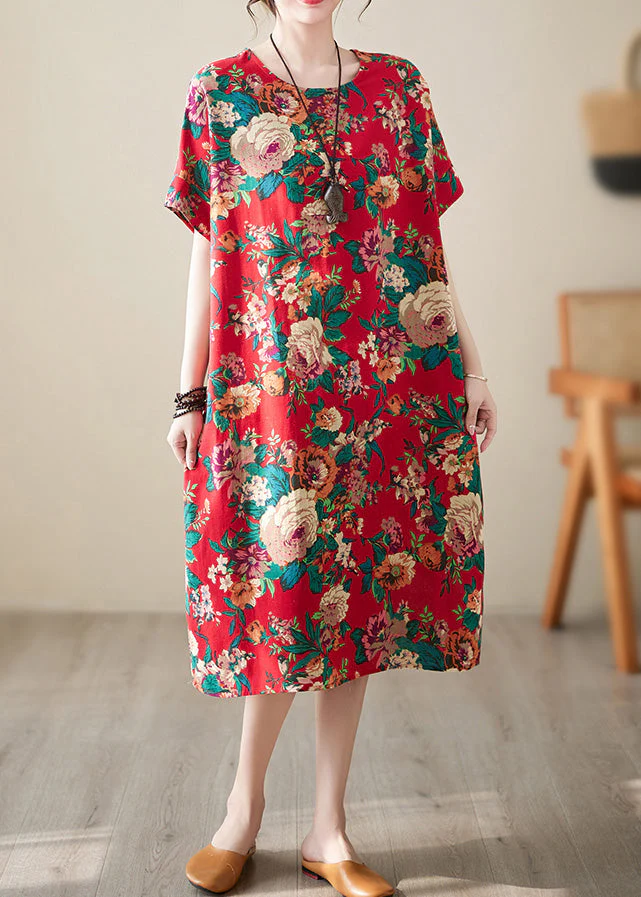 Handmade Red O-Neck Print Cotton Long Dress Short Sleeve - Image 5