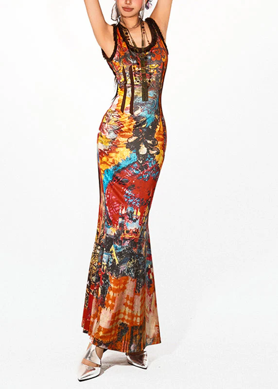 Handmade Red O-Neck Print Maxi Fishtail Dresses Summer - Image 3