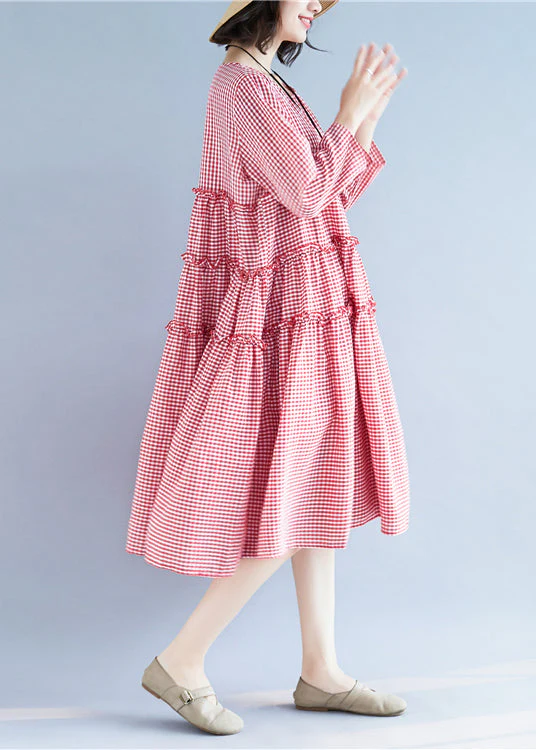 Handmade Red O-Neck Ruffled Plaid Holiday Dress Long Sleeve