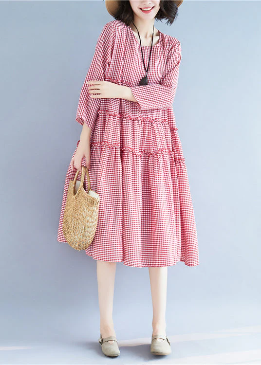 Handmade Red O-Neck Ruffled Plaid Holiday Dress Long Sleeve - Image 2