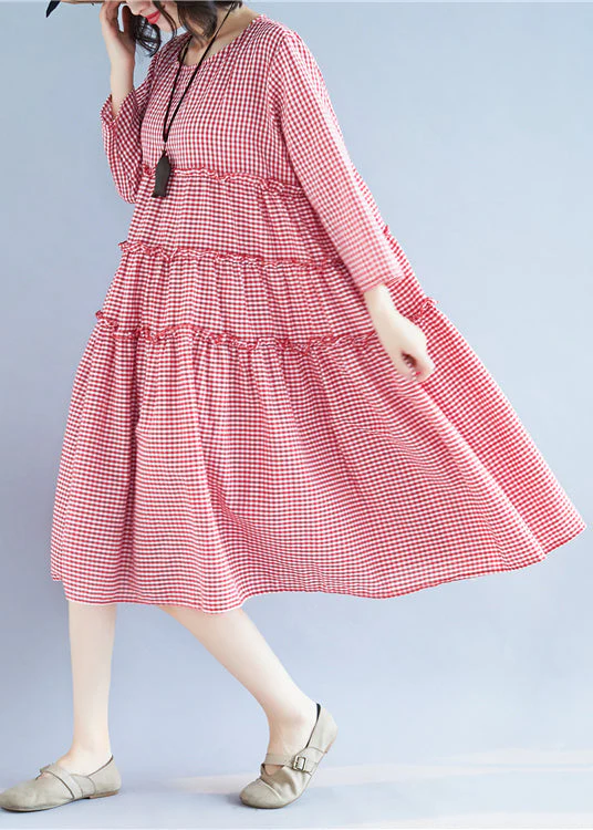 Handmade Red O-Neck Ruffled Plaid Holiday Dress Long Sleeve - Image 3