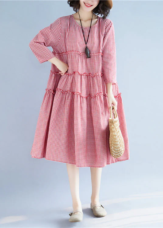Handmade Red O-Neck Ruffled Plaid Holiday Dress Long Sleeve - Image 4
