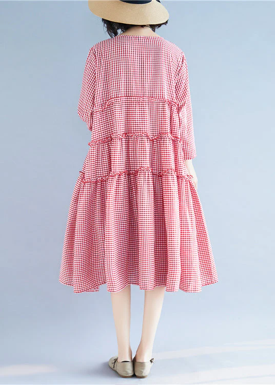 Handmade Red O-Neck Ruffled Plaid Holiday Dress Long Sleeve - Image 5