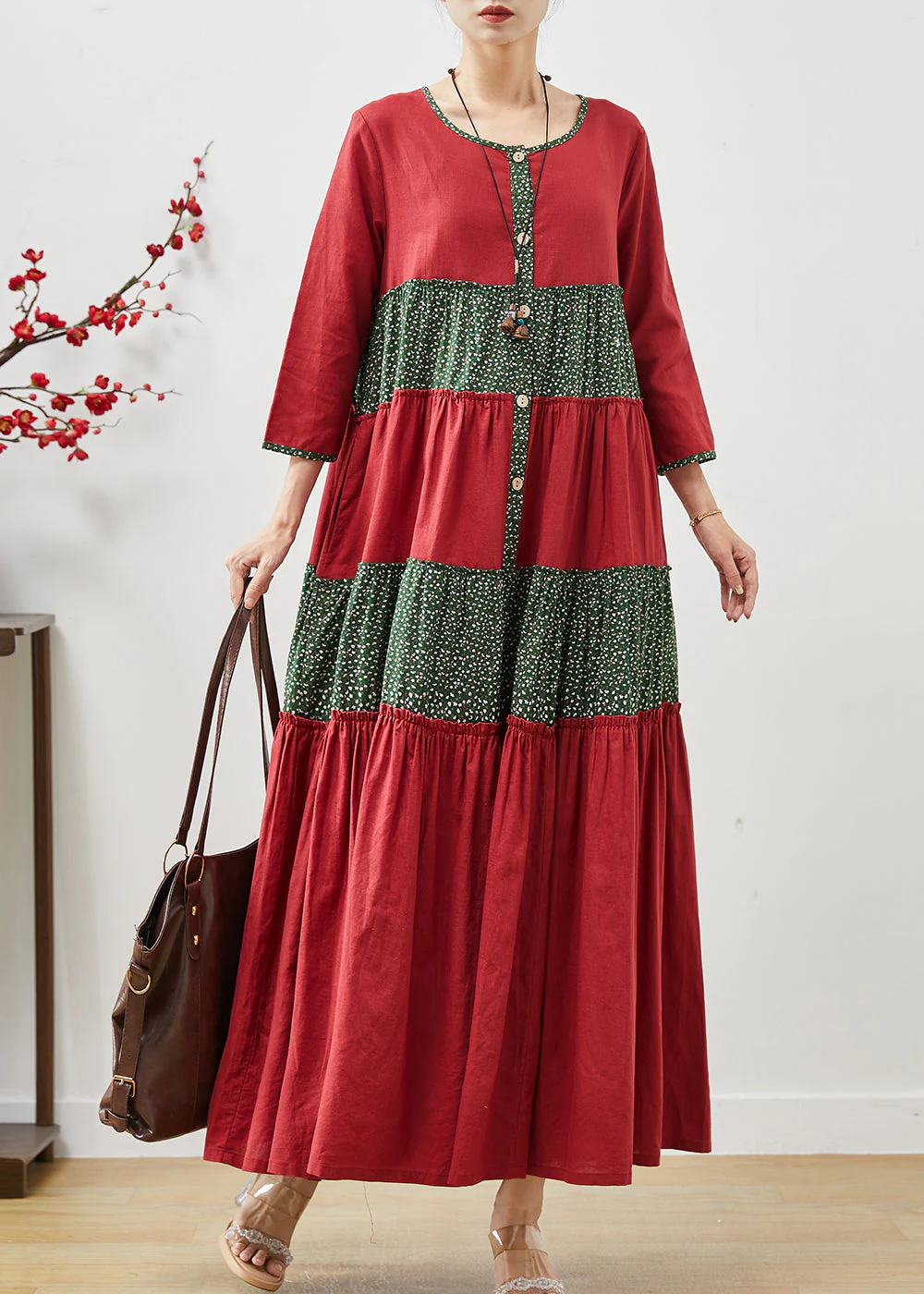 Handmade Red Oversized Patchwork Cotton Dress Summer - Image 2