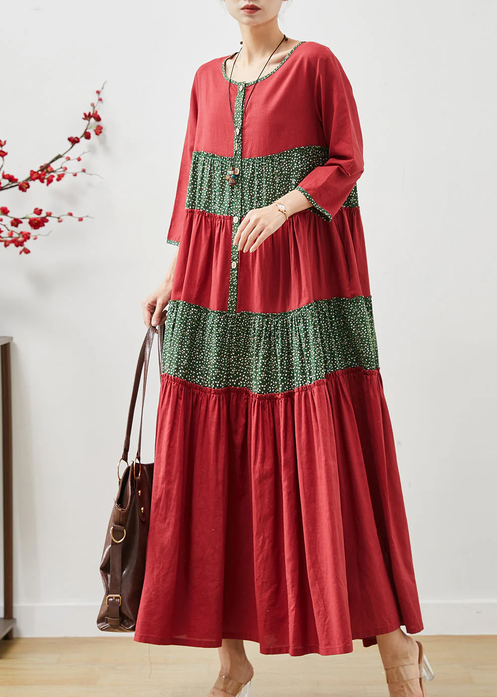 Handmade Red Oversized Patchwork Cotton Dress Summer - Image 3